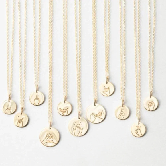 "Resist" Sign Language Gold Charm Disc Necklace - Picture 4 of 8